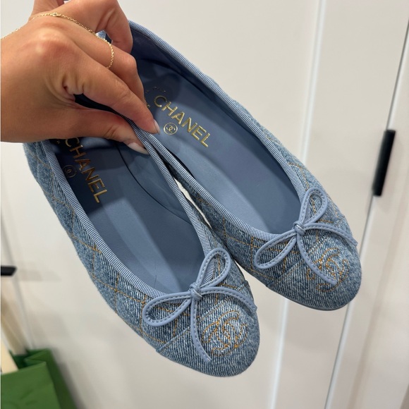 CHANEL Shoes - CHANEL Light Blue Denim CC Bow Ballerina Flats